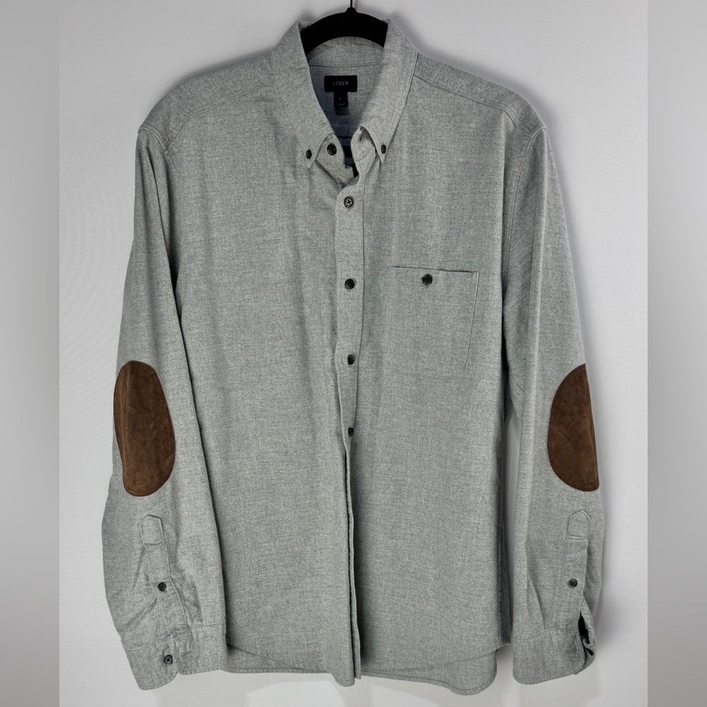 J. Crew Gray flannel Shirt with Brown Leather elbow patch Accents